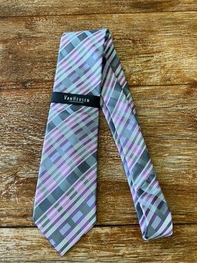 New Van Heusen 100% Silk Tie Purple Gray Ombré Grid